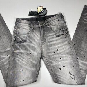 Tulonbes Men’s Skinny Jeans Grey Size 30 – Paint Splash Two-Hole Denim